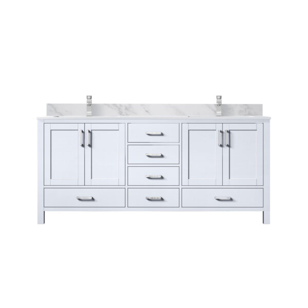 Jacques 72 in. W x 22 in. D White Double Bath Vanity, Carrara Marble Top, and Faucet Set