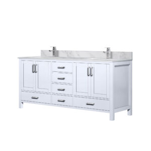 Jacques 72 in. W x 22 in. D White Double Bath Vanity, Carrara Marble Top, and Faucet Set