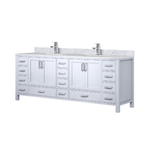 Jacques 84 in. W x 22 in. D White Double Bath Vanity, Carrara Marble Top, and Faucet Set