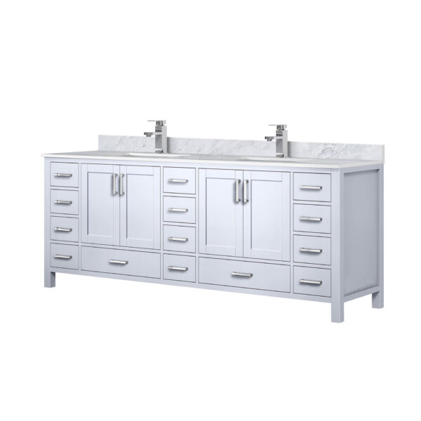 Jacques 84 in. W x 22 in. D White Double Bath Vanity, Carrara Marble Top, and Faucet Set