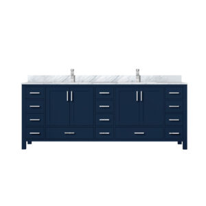 Jacques 84 in. W x 22 in. D Navy Blue Double Bath Vanity, Carrara Marble Top, and Faucet Set