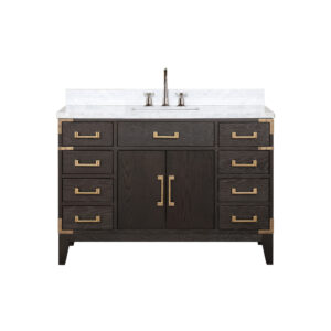 Laurel 48W x 22D Brown Oak Single Bath Vanity, Carrara Marble Top, and Faucet Set