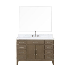 Laurel 48W x 22D Grey Oak Single Bath Vanity, Carrara Marble Top, Faucet Set, and 46Mirror