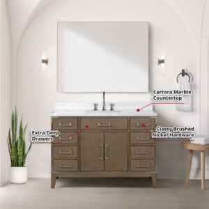 Laurel 48W x 22D Grey Oak Single Bath Vanity and Carrara Marble Top