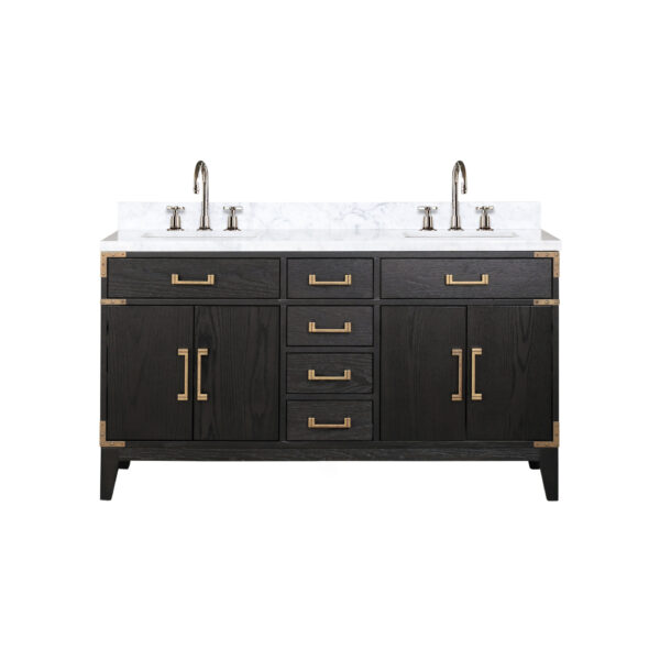 Laurel 60W x 22D Black Oak Double Bath Vanity, Carrara Marble Top, and Faucet Set