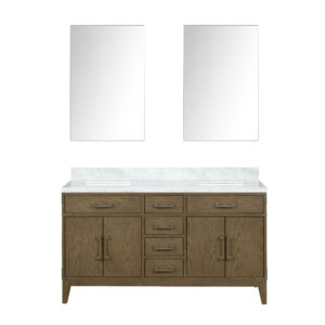 Laurel 60W x 22D Grey Oak Double Bath Vanity, Carrara Marble Top, and 28Mirrors