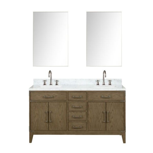 Laurel 60W x 22D Grey Oak Double Bath Vanity, Carrara Marble Top, Faucet Set, and 28Mirrors