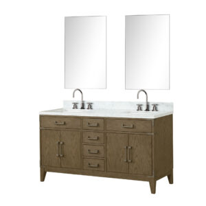 Laurel 60W x 22D Grey Oak Double Bath Vanity, Carrara Marble Top, Faucet Set, and 28Mirrors