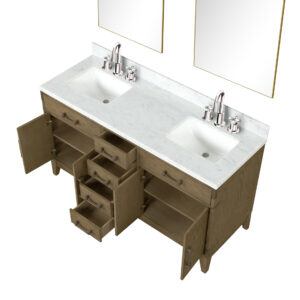 Laurel 60W x 22D Grey Oak Double Bath Vanity, Carrara Marble Top, Faucet Set, and 28Mirrors