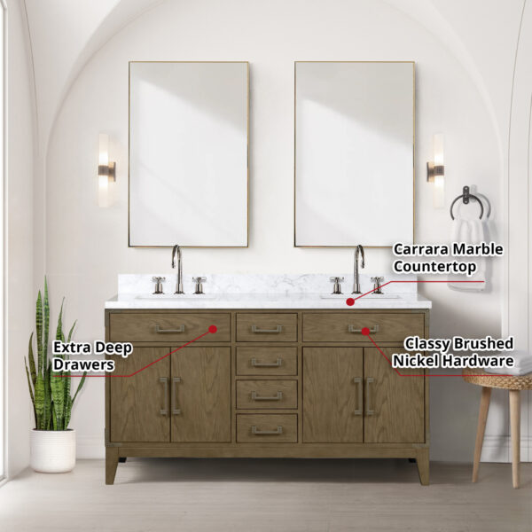 Laurel 60W x 22D Grey Oak Double Bath Vanity and Carrara Marble Top