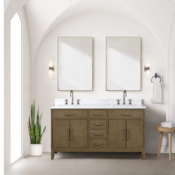 Laurel 60W x 22D Grey Oak Double Bath Vanity and Carrara Marble Top