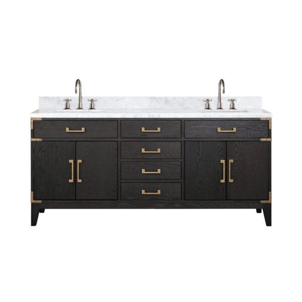 Laurel 72W x 22D Black Oak Double Bath Vanity, Carrara Marble Top, and Faucet Set