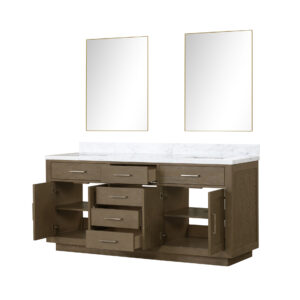 Abbey 72W x 22D Grey Oak Double Bath Vanity, Carrara Marble Top, and 34Mirrors