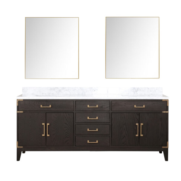 Laurel 80W x 22D Brown Oak Double Bath Vanity, Carrara Marble Top, and 36Mirrors