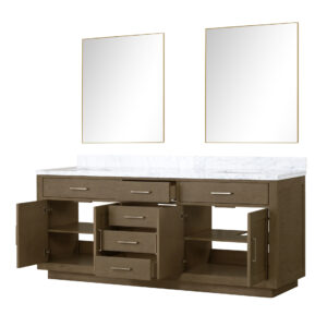 Abbey 80W x 22D Grey Oak Double Bath Vanity, Carrara Marble Top, and 36Mirrors