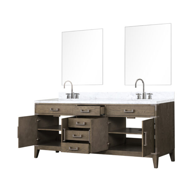 Laurel 80W x 22D Grey Oak Double Bath Vanity, Carrara Marble Top, Faucet Set, and 36Mirrors