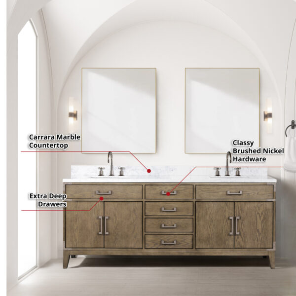 Laurel 80W x 22D Grey Oak Double Bath Vanity and Carrara Marble Top