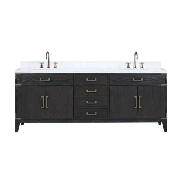 Laurel 84W x 22D Black Oak Double Bath Vanity, Carrara Marble Top, and Faucet Set