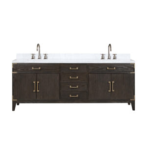 Laurel 84W x 22D Brown Oak Double Bath Vanity, Carrara Marble Top, and Faucet Set