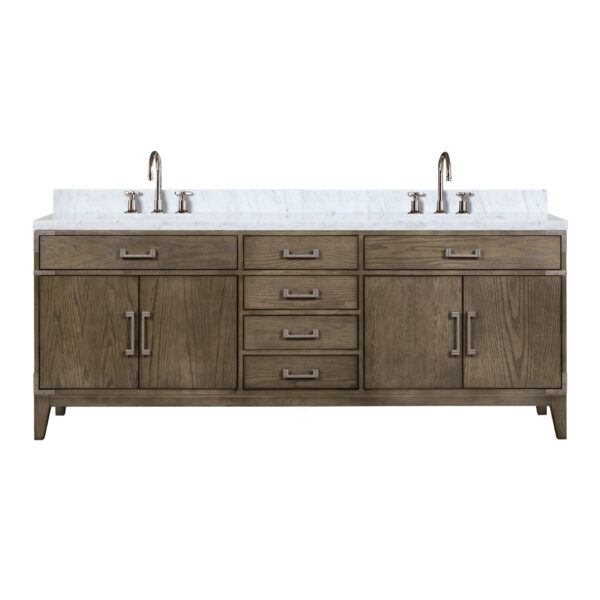 Laurel 84W x 22D Grey Oak Double Bath Vanity, Carrara Marble Top, and Faucet Set