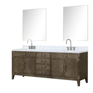 Laurel 84W x 22D Grey Oak Double Bath Vanity, Carrara Marble Top, Faucet Set, and 36Mirrors