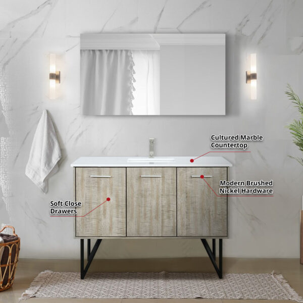 Lancy 48W x 20D Rustic Acacia Bath Vanity, Cultured Marble Top and Brushed Nickel Faucet Set