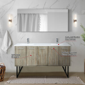 Lancy 60W x 20D Rustic Acacia Double Bath Vanity, Cultured Marble Top and Chrome Faucet Set