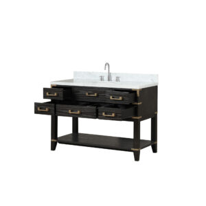 Norwalk 48W x 22D Black Oak Single Bath Vanity, Carrara Marble Top, and Faucet Set