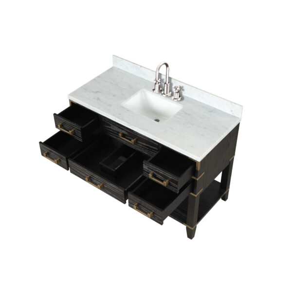 Norwalk 48W x 22D Black Oak Single Bath Vanity, Carrara Marble Top, Faucet Set, and 46Mirror