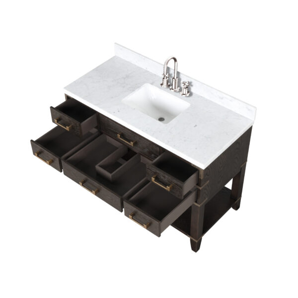 Norwalk 48W x 22D Brown Oak Single Bath Vanity, Carrara Marble Top, and Faucet Set