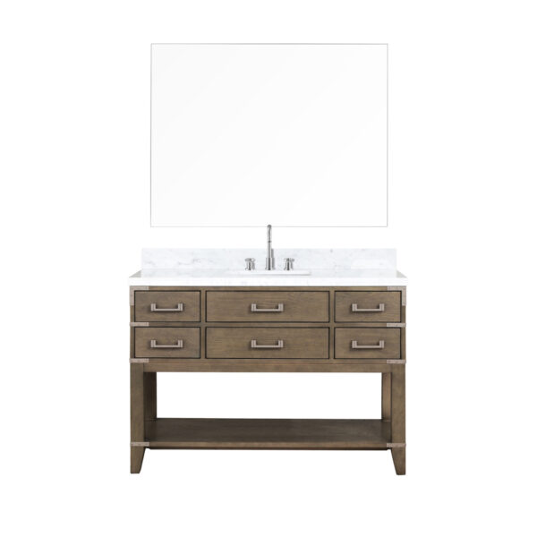 Norwalk 48W x 22D Grey Oak Single Bath Vanity, Carrara Marble Top, Faucet Set, and 46Mirror