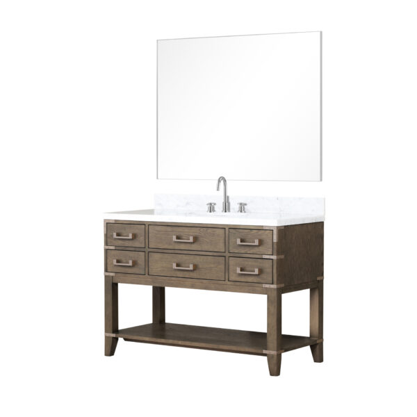 Norwalk 48W x 22D Grey Oak Single Bath Vanity, Carrara Marble Top, Faucet Set, and 46Mirror