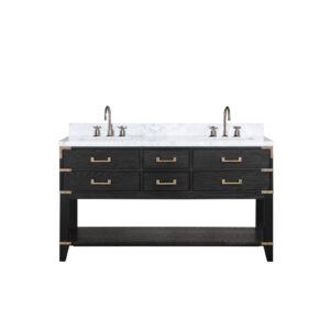 Norwalk 60W x 22D Black Oak Double Bath Vanity, Carrara Marble Top, and Faucet Set