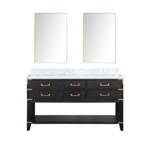 Norwalk 60W x 22D Black Oak Double Bath Vanity, Carrara Marble Top, and 28Mirrors