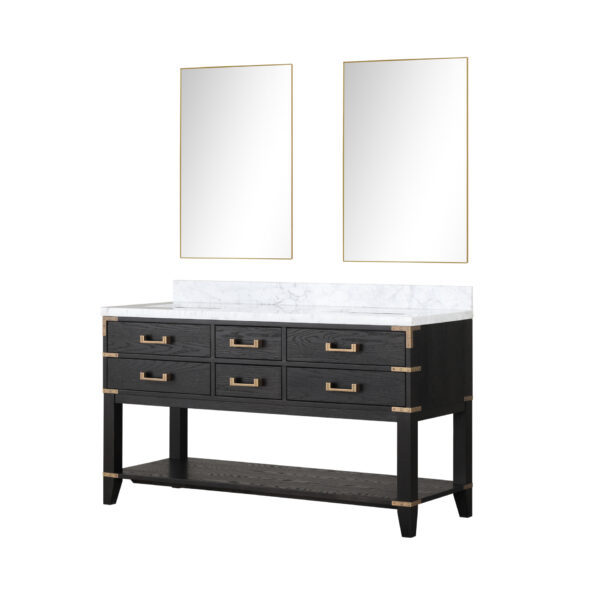 Norwalk 60W x 22D Black Oak Double Bath Vanity, Carrara Marble Top, and 28Mirrors