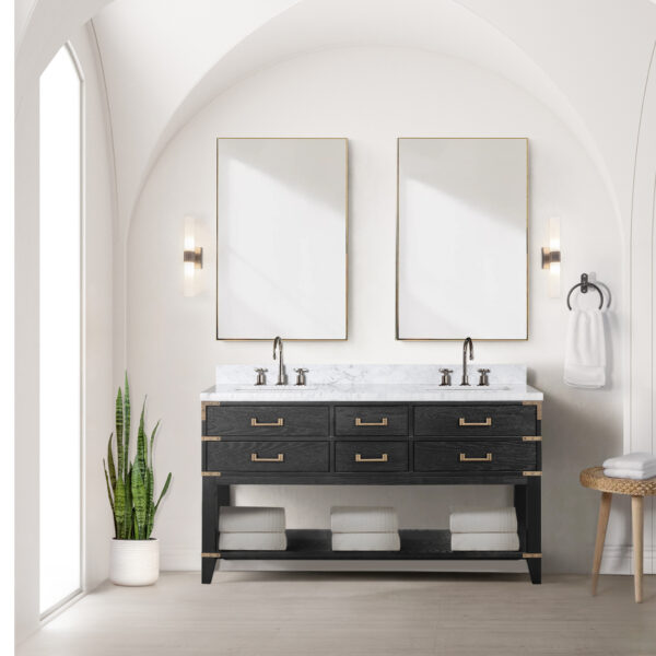 Norwalk 60W x 22D Black Oak Double Bath Vanity and Carrara Marble Top