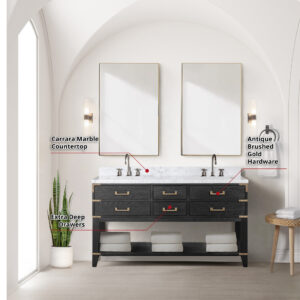 Norwalk 60W x 22D Black Oak Double Bath Vanity and Carrara Marble Top