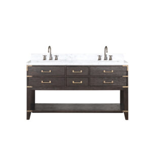 Norwalk 60W x 22D Brown Oak Double Bath Vanity, Carrara Marble Top, and Faucet Set