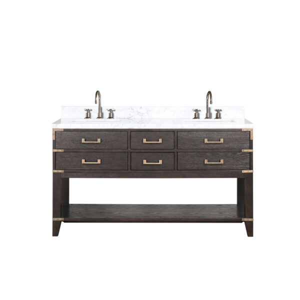 Norwalk 60W x 22D Brown Oak Double Bath Vanity, Carrara Marble Top, and Faucet Set