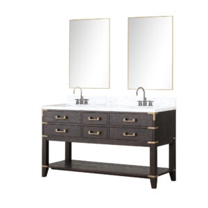 Norwalk 60W x 22D Brown Oak Double Bath Vanity, Carrara Marble Top, Faucet Set, and 28Mirrors