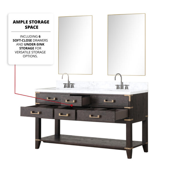 Norwalk 60W x 22D Brown Oak Double Bath Vanity and Carrara Marble Top