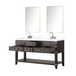 Norwalk 60W x 22D Brown Oak Double Bath Vanity, Carrara Marble Top, Faucet Set, and 28Mirrors