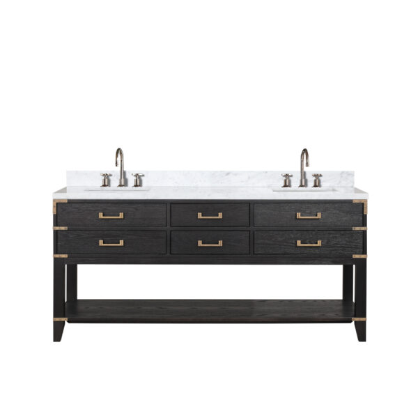 Norwalk 72W x 22D Black Oak Double Bath Vanity, Carrara Marble Top, and Faucet Set