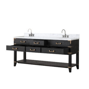 Norwalk 72W x 22D Black Oak Double Bath Vanity, Carrara Marble Top, and Faucet Set