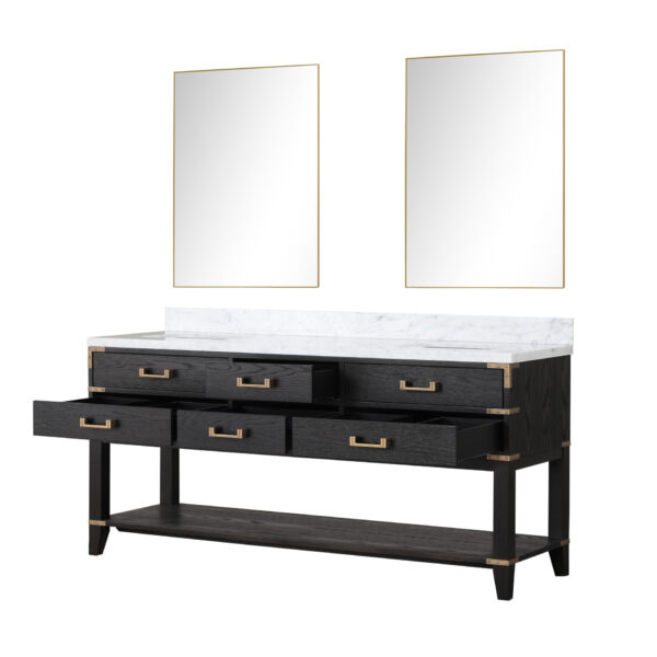 Norwalk 72W x 22D Black Oak Double Bath Vanity, Carrara Marble Top, and 34Mirrors