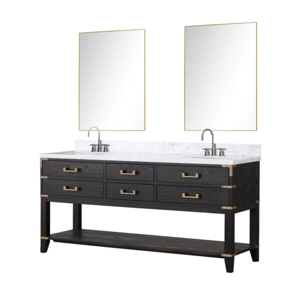 Norwalk 72W x 22D Black Oak Double Bath Vanity, Carrara Marble Top, Faucet Set, and 34Mirrors