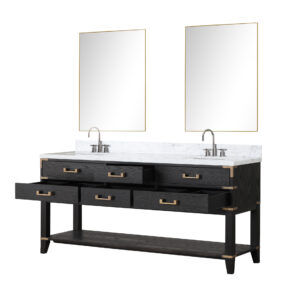 Norwalk 72W x 22D Black Oak Double Bath Vanity, Carrara Marble Top, Faucet Set, and 34Mirrors