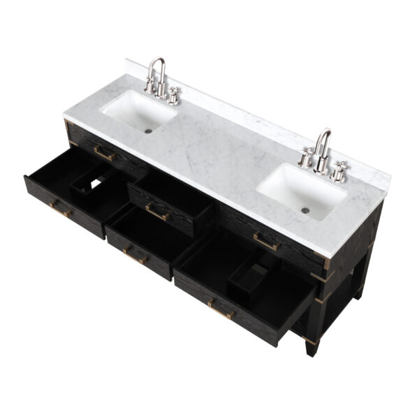 Norwalk 72W x 22D Black Oak Double Bath Vanity, Carrara Marble Top, Faucet Set, and 34Mirrors