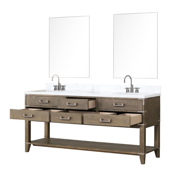 Norwalk 72W x 22D Grey Oak Double Bath Vanity, Carrara Marble Top, Faucet Set, and 34Mirrors