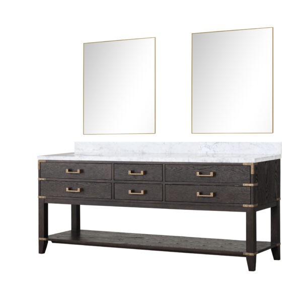 Norwalk 80W x 22D Brown Oak Double Bath Vanity, Carrara Marble Top, and 36Mirrors